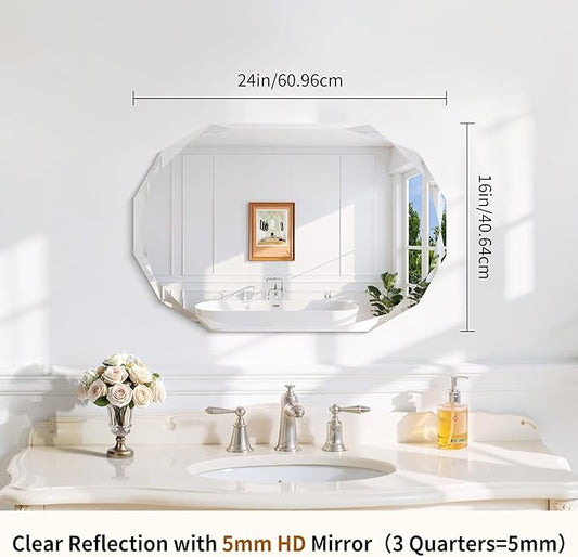 GLASHOM Frameless Bathroom Mirror, 16" x 24" Beveled Oval Wall Mirror for Over Sink, 16 Inch Modern Decorative Vanity Mirror for Bedroom, Living Room, Entryway, Hanging Mirror Horizontal or Vertical