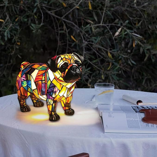 Dog Series Art Night Light, Corgi Lamp and Pug Lamp, Stained Resin French Bulldog Tabletop, 3D Dog LED Table Lamp, Stained Resin Night Light, Pet Themed Tabletop Decor (Pug)
