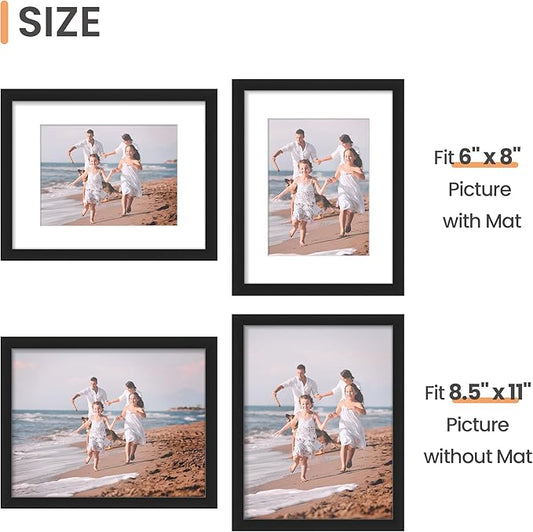 upsimples 8.5x11 Picture Frame Set of 3, Made of High Definition Glass for 6x8 with Mat or 8.5x11 Without Mat, Wall and Tabletop Display Photo Frames, Black