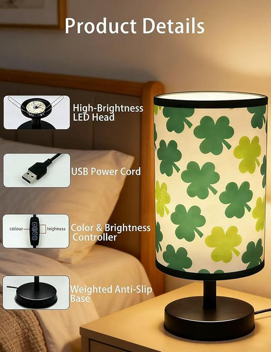 Green Desk Lamp, Clover Bedroom Lamp 3-Color Small Linen Desk Lamp, 10 x 5.12 Inch with Integrated LED, Girls Bedroom Table Lamp - Lucky Shamrocks Gifts for Kids - Decor for Window Room Bedroom