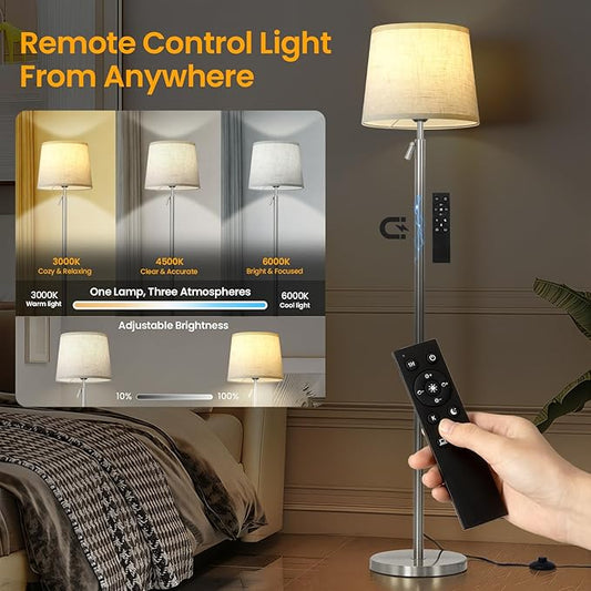 Modern Floor Lamp for Living Room and Bedroom- 55"-67" Height Adjustable Standing Lamps with Dimmable LED Bulb and Remote Control-Bright Tall Stand Light with Shade for Corner Lighting (Silver)