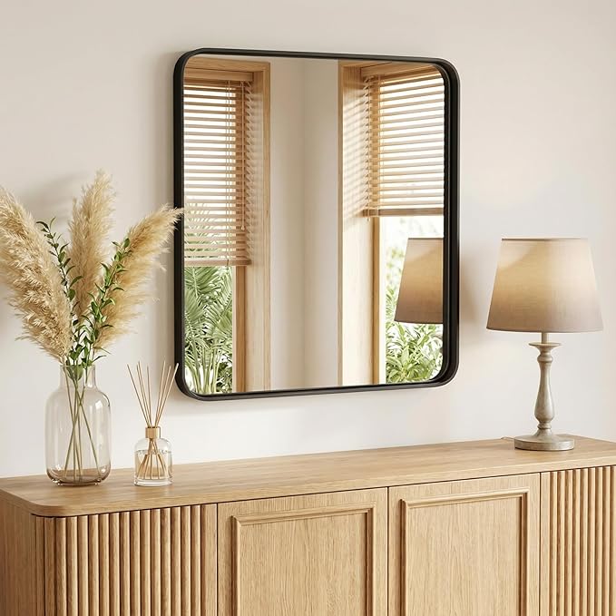 NEWBULIG 28X32 Inch Bathroom Mirror for Over Sink, Wall Vanity Mirrors Tempered Glass, Anti-Rust Metal Framed Rounded Rectangle, Hangs Horizontally or Vertically, Farmhouse Home Decor, Black