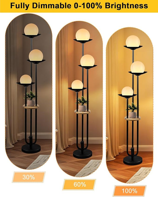 63IN Globe Floor Lamp with Table, 3-Lights Modern Dimmable Floor Lamps with 3000K Warm White Bulbs for Wedding/Party, Black Tall Standing Lamp with 5Lbs Heavy Base for Living Room/Bedroom