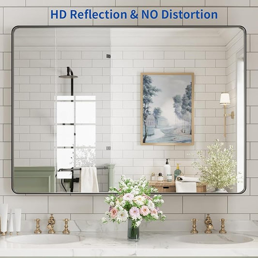 WEER Black Bathroom Mirror for Wall, 48X40 Inch Matte Black Mirror, Rectangular Black Metal Framed Vanity Mirror with Tempered Glass, Rounded Corner, Anti-Rust (Horizontal/Vertical)