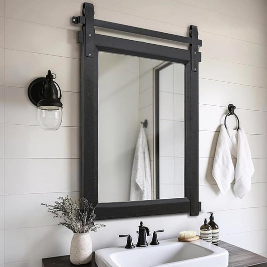 Besdomus Black Farmhouse Bathroom Mirror: 22"x30" Barn Door Rustic Solid Cedar Wood Frame Vanity Mirror - Home Decor for Entryway/Living Room/Bathroom Renovators - Modern Farmhouse for Homemakers