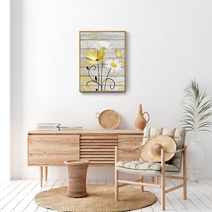 HVEST Yellow Floral Framed Wall Art for Bathroom, Rustic Daisy Butterfly on Rustic Wood Canvas Wall Art Nature Plant Flower Pictures for Bedroom Living Room Office Wall Decor, 17L X 12W inches