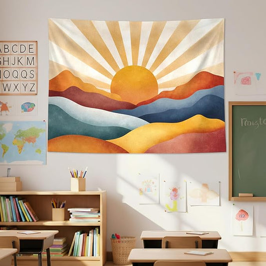 Leeisysme Boho Sun Tapestry, Abstract Retro 70s Mountain Wall Art, Aesthetic Vintage Sunrise Tapestries for Bedroom Living Room Dorm Decor, 36x48 inches