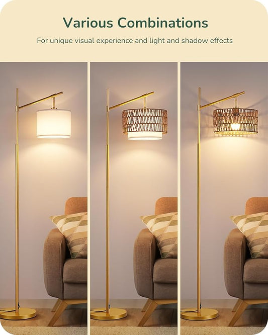EDISHINE Rattan Arc Floor Lamp with Remote, Gold Farmhouse Standing Lamps for Living Room, Rattan & Fabric Dual Shades, Dimmable LED Bulb, Foot Switch, Adjustable Head Boho Lamp for Bedroom, Nursery