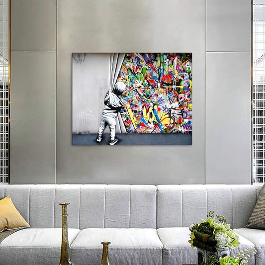 Banksy Graffiti Wall Art Behind The Curtain Classic Street Art Printing Colorful Canvas Paintings Posters and Pictures Prints Framed Modern Home Decor Artwork for Living Room(24''W x 18''H)