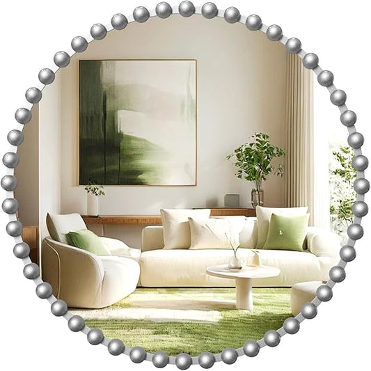 36'x36' Beaded Silver Round Wall Mirror with Metal Frame, Small Vintage Retro Baroque Ornate Vanity Mirror for Bathroom, Fireplace,Entryway, Living Room (Beaded Round Mirror)