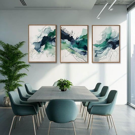 myusuar 3 Piece Large Abstract Framed Wall Art For Living Room, Smoke Texture Ink Emerald Green Canvas Wall Art Modern Minimalist Art Prints Wall Décor For Bedroom Office 16x24in