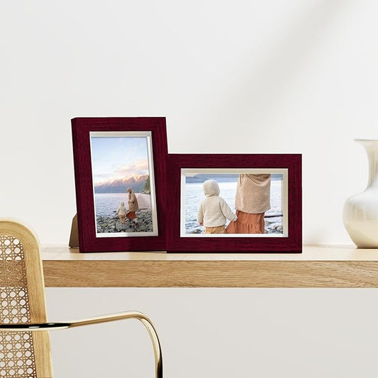 Vittanly 4x6 Picture Frames Set of 9, Display 3.5x5 Pictures with Mat or 4x6 without Mat, Photo Frames for Wall or Tabletop with Plexiglass, Engineered Wood, Cherry Red