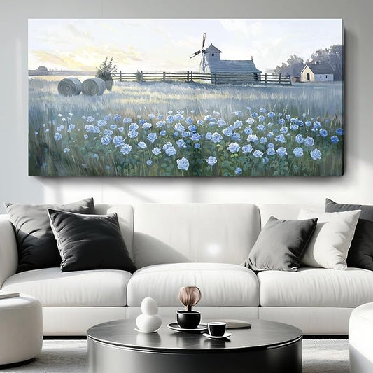 amatop Oversize Pastoral-Style Living Room Wall Art, Blue Farm Windmill Canvas Print Picture, Natural Plant And Flower Field Artwork For Bedrooms, Studies, Offices, And Dining Rooms. 58X29 Inches.