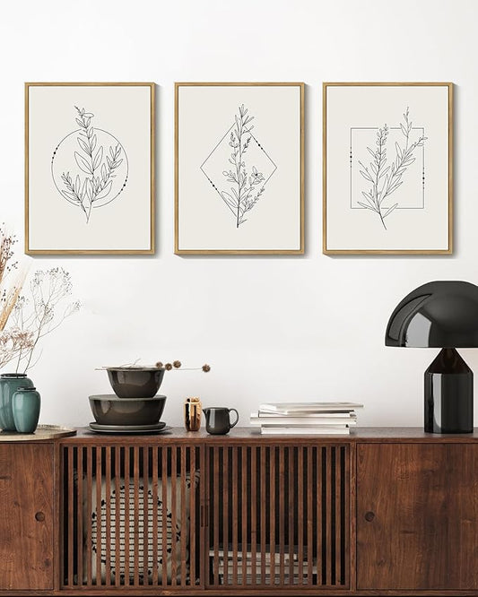 Drsoum Minimalist Flower Wall Art Vintage Wall Hanging Decor Black Line Botanical Prints Artwork for Office Dining Room Hallway 11x14in Natural Framed