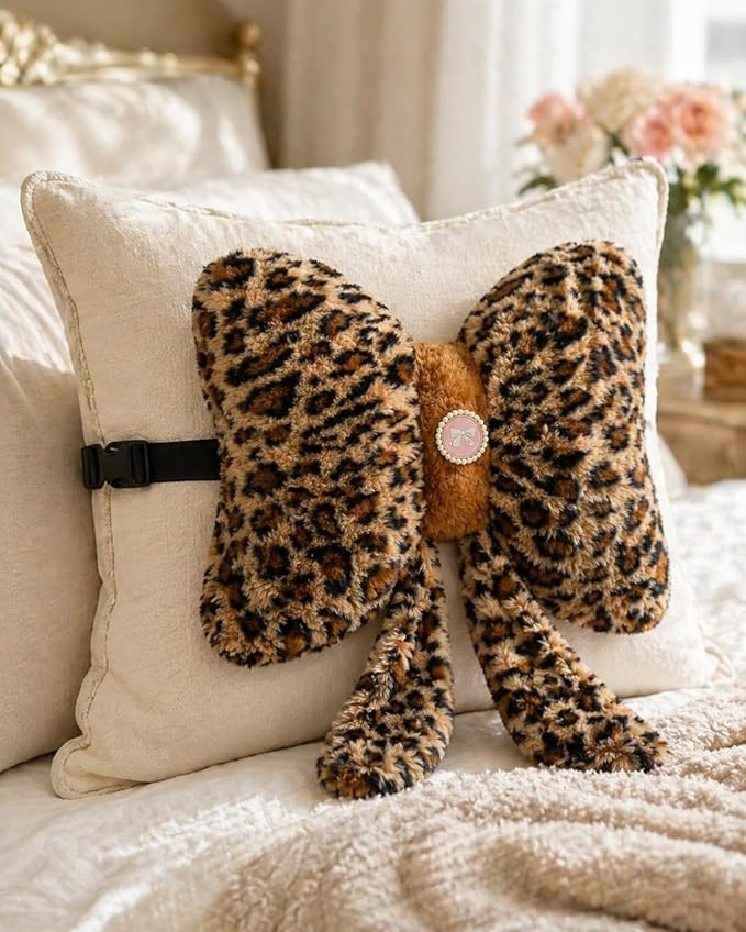 Leopard Print Bow Pillow 12x9 Inch, Cute Plush Bow Shaped Decorative Pillow with Back Strap, Animal Print Room Decor for Bedroom Chair Couch Car