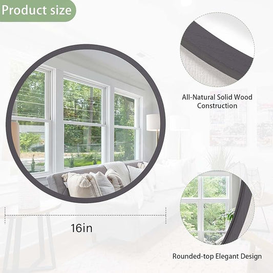 JJUUYOU Circle Wall Mirror 16 Inch Round Wall Mirror for Bathroom Farmhouse Gray Circular Mirrors Washroom Wall Decor Wood Frame Mirrors for Living Room Bedroom Dorm Decorative