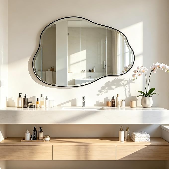 POZINO Irregular Beveled Mirror, 36"x24" Cloud Shaped Bathroom Mirrors with Metal Frame, Asymmetrical Wall Mirror for Vanity Living Room Bedroom Hallway Entryway, Horizontal or Vertical Hanging