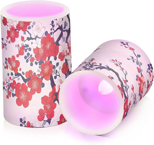 ALAZA Chinese Art Cherry Blossom Flickering Flameless Candles Battery Operated with Remote Timer,Tea Light Candles LED Pillar Votive Candles Set of 2 for Outdoor Indoor Decorations