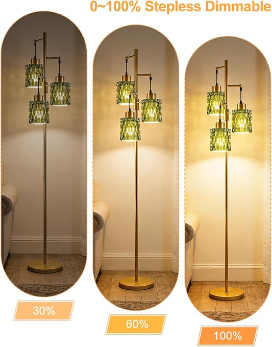 3-Light Modern Glass Floor Lamp, Gold Standing Tall Lamp with Green Cylinder Glass Shade for Reading, Dimmable LED Floor Lamp with 5Lbs Heavy Base for Living Room Bedroom Home Decor, Bulb Included
