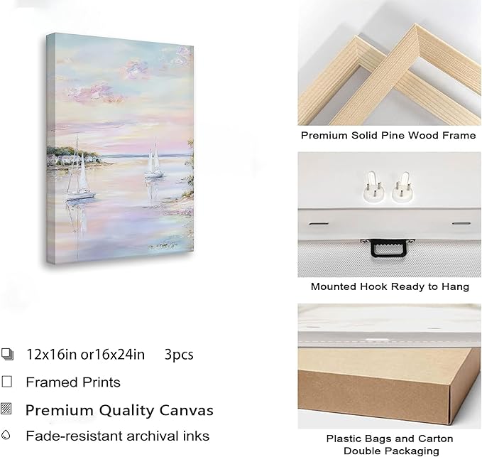 SEWEAIPIC 3 Piece Coastal Wall Art, Dreamy Pastel Pink Beach Canvas Prints, Calming Ocean Sunset Painting for Bedroom, Living Room Decor, Seascape Artwork, 16x24 inch - Framed