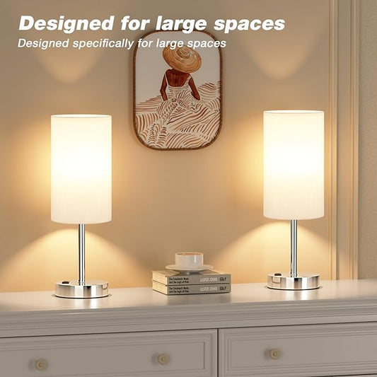 Fenmzee Touch Bedside Lamp - White, 3-Way Dimmable, USB A + C Charging, AC Outlet, 17.4inch Medium