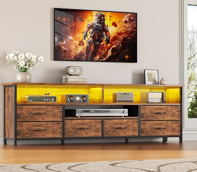 Furologee 63 Inch Entertainment Center,TV Stand for Bedroom for 65 70 Inch TVs, 6 Drawers Dresser with Power Outlets and LED Lights, Media Console for Living Room, Rustic Brown