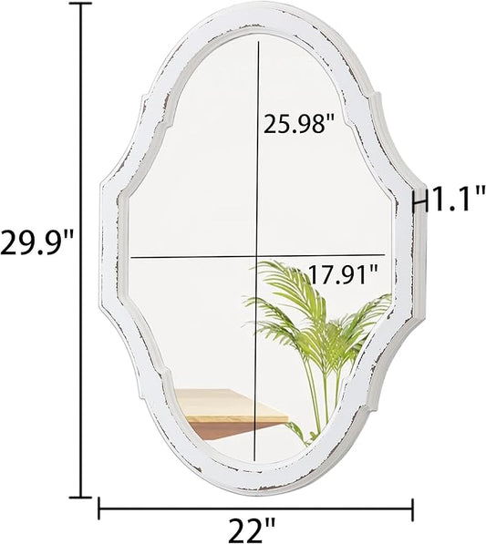 Vintage Oval Bathroom Mirror 22 X 30 Inch, Hanging Distressed White Rustic Scalloped Decorative Wall Mirrors, Unique Wood Mirrors for Wall Decor Living Room Entryway, Horizontal or Vertical