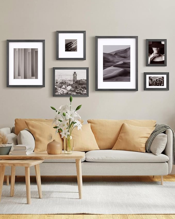 Egofine 8x8 Picture Frames Made of Solid Wood with Plexiglass, Display Pictures 4x4/6x6 with Mat or 8x8 Without Mat Set of 4 for Tabletop and Wall Mounting, Rustic Black