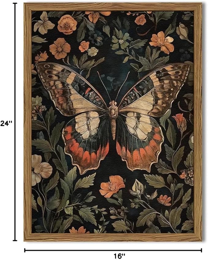 Framed Vintage Butterfly Wall Art, Dark Academia Flowers Insect Pictures Wall Decor Paintings, 3D Textured Sandstone Nature Botanical Prints for Living Room Bedroom Office Home Decor 16x24 inch