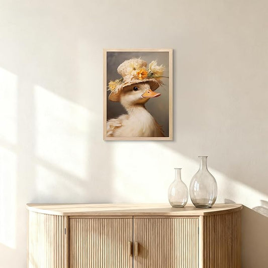 Vintage Duck Canvas Wall Art, Cute Duck Pictures Wall Decor, Cottagecore Duck Painting with Straw Hat, Farmhouse Animal Artwork for Bathroom Kitchen Bedroom Nursery 12x16 Inch Framed