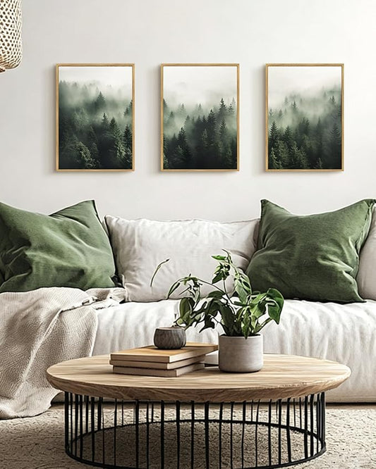 PHOPAGO Green Fog Pine Tree Framed Wall Art Nature Misty Nordic Forests Artwork Morden Paints for Living Room Hallway Decor - 12x16in Natural Framed