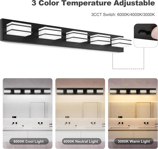 GOODATE 3 Color Temperature Dimmable Vanity Lighting Fixtures, LED Black 5 Light Bathroom Vanity Light Fixtures, Acrylic Stainless Steel Square Shade Vanity Lights for Bathroom, ETL Certificated