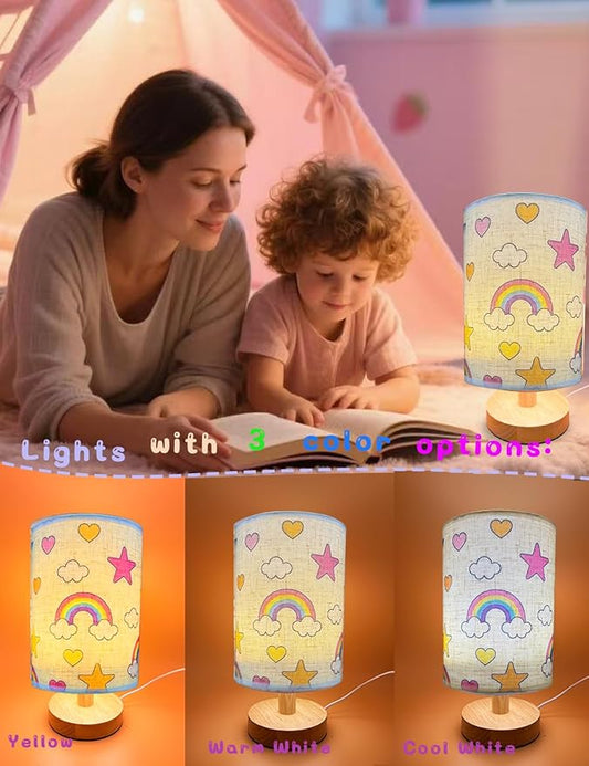 Rainbow Lamp, Rainbow Lamp for Girls Room, 3 Color Changing LED Night Light with 9 Brightness Levels Wood Nightstand Desk Base Flaxen Fabric Shade for Bedroom Living Room (Rainbows Clouds)