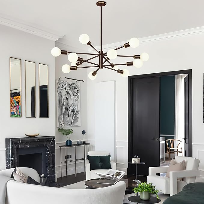 10.9"-52.3" Height Adjustable Sputnik Chandeliers Dining Room Light Fixture (12-Light, 33-Inch), Modern Brown and Gold Chandelier, Mid Century Modern Chandeliers for Dining Room (Bulbs Not Included)
