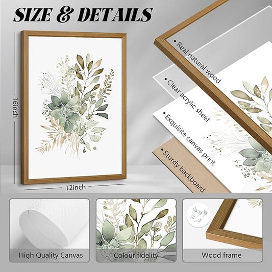 Joocrise Wooden Frame Watercolor Botanical Wall Art Boho Floral Canvas Wall Decor Prints Sage Green Wildflower Wall Art Modern Flower Pictures Botanical Painting for Bedroom Bathroom 12x16x3 Inch