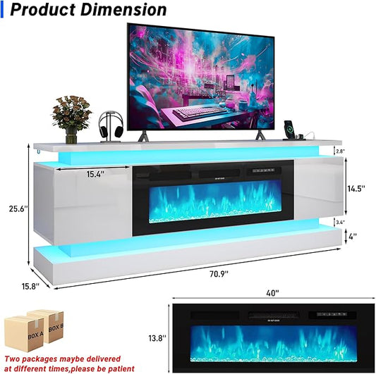 chartustriable 71IN LED TV Stands w/40 inch Fireplace Power Outlet for 85/80/75 Inch TVs,High Glossy Modern TV Media Console Gaming with 2 Storage Cabinets,Dual LED Lights,White