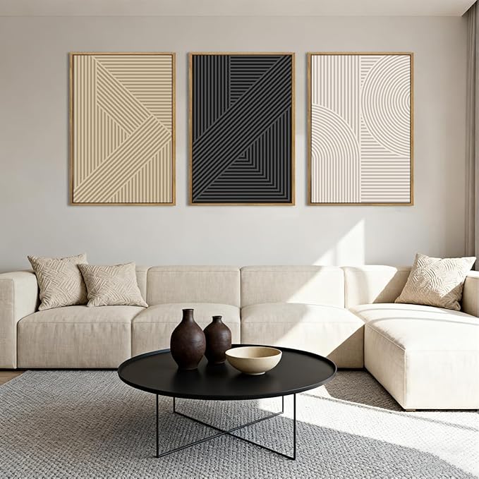 BINCUE Neutral Abstract Wall Art Mid Century Modern Wall Paintings Boho Artwork Geometric Wall Pictures Abstract Black Wall Decor Modern Neutral Art Prints for Living Room Bedroom Bathroom Office 16x24 Inch Set of 3