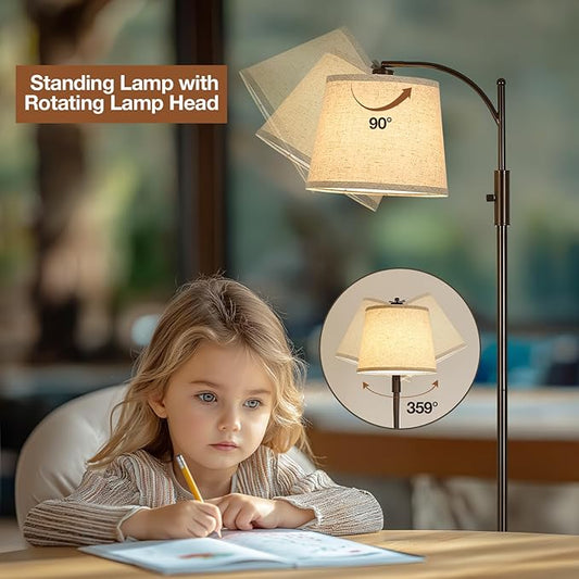 AIDENOEY Fully Dimmable Floor Lamp for Living Room,Standing Lamp Rotary Switch with Linen Beige Shade,Brown Tall Lamps for Bedroom with Adjust Head,9W LED Bulb Included
