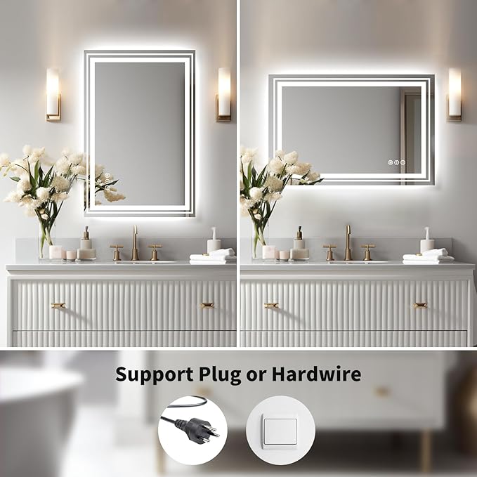 WTTY LED Bathroom Mirror with Backlit and Front Light,24"x32",Stepless Dimmable LED Mirror for Bathroom,Anti-Fog Lighted Bathroom Vanity Mirror Modern for Wall,Memory Function,Shatter-Proof