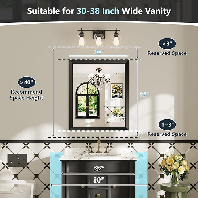 30x36 Inch Black Bathroom Mirror for Wall, Beveled Framed Rectangle Bathroom Vanity Mirrors for Over Sink, Bedroom, Living Room, Entryway, Anti-Rust, HD Tempered Glass, Horizontally/Vertically