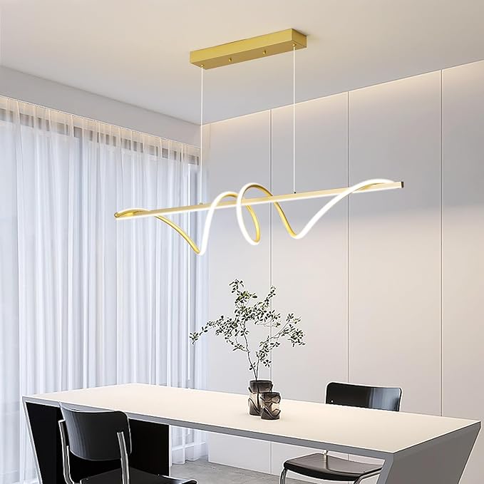 Modern LED Gold Pendant Light, 57IN Ceiling Chandelier Fixtures Dimmable with Remote Control 3000k-6500K Adjustable Color Temperature, Aluminum Island Lighting Lamp for Dining Room, Living Room
