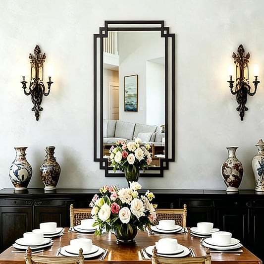 24" x 47" Large Black Mirror for Wall Decor, Elegant Living Room Mirror with Irregular and Rectangular Metal Frame, Modern Bathroom Mirror Above Sink