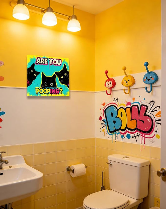 Funny Black Cat Bathroom Canvas Wall Art - Are You Pooping? Colorful Humor Poster for Washroom, 12x16 Inch Framed Graffiti Print for Toilet Restroom, Pop Art Wall Decor, Gifts for Cat Lovers
