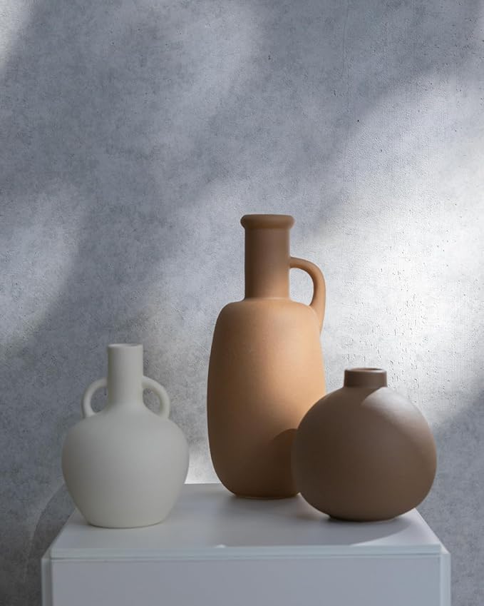 Ceramic Vase Set of 3 - Home Decor Farmhouse Rustic Decor, Decorative Flower Vases with Handles for Shelf, Dining Table,Living Room, Kitchen Shelf,Coffee Table,Modern Vase Decor -Multicolor