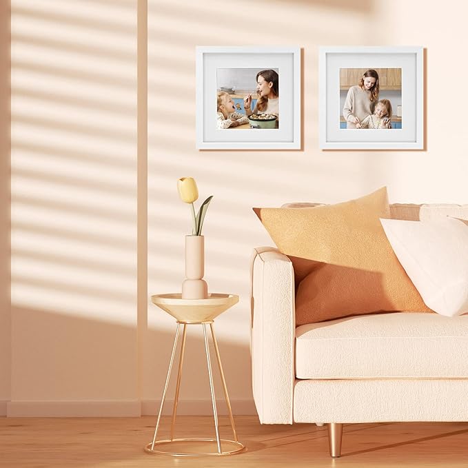 Egofine 12x12 Picture Frames White, Wood Frames with HD Plexiglass for Pictures 8x8 with Mat or 12x12 without Mat, Wall Mounting Display, Set of 4