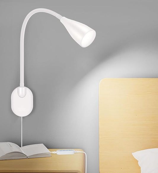 LiFMIRA Wall-Mounted LED Bedside Reading Light with USB Charging Port, 10-Level Dimmable & Adjustable 5 Color, Plug-in Adhesive Night Lamp for Books in Bed, Eye-Caring Bedroom Lighting (White 2 Pack)