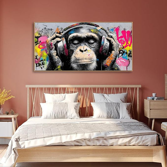Sorbrozo DJ Gorilla with Headphones - Urban Street Graffiti Canvas Wall Art Colorful Animal Painting for Boys Room Music & Hip Hop Wall Decor Modern Home Art Print 24x48in