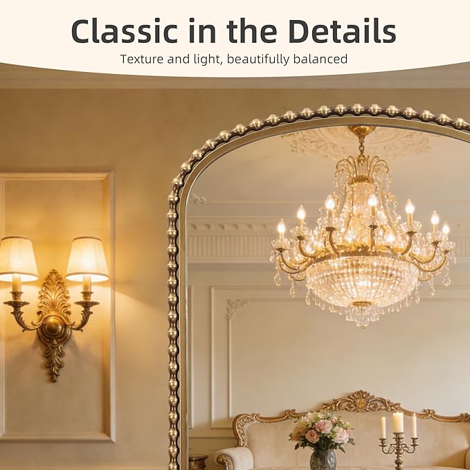 30x40 Inch Arched Wall Mirror, Antique Gold Beaded Metal Frame, Large Vertical Wall Mirror for Entryway, Bedroom or Hallway, Decorative Wall Mounted Mirror