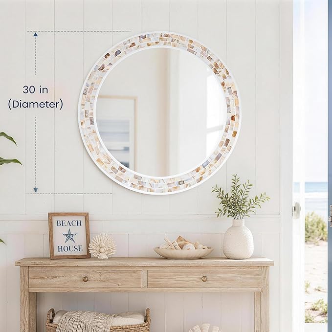 Tanmicoshomy Round Wall Mirror 30 Inch, Natural Brown Shell Framed Circle Mirrors with Tempered Glass for Coastal Bathroom Bedroom Living Room or Entrayway(Brown)