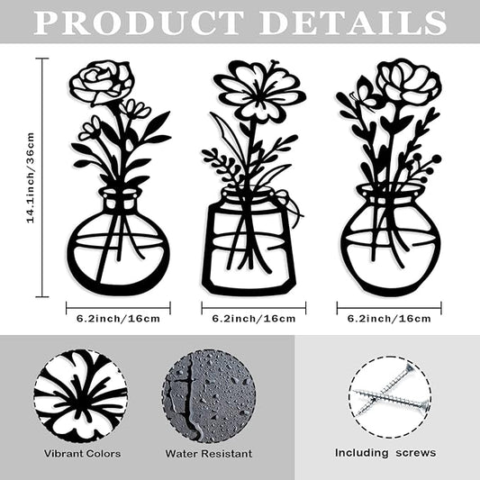 ARTINME 3 Pieces Metal Flowers Wall Arts - Rustic Farmhouse Decor Minimalist Flower Wall Decors for Living Room Bathroom Kitchen Bedroom Dining Room - Housewarming Gifts (Black)